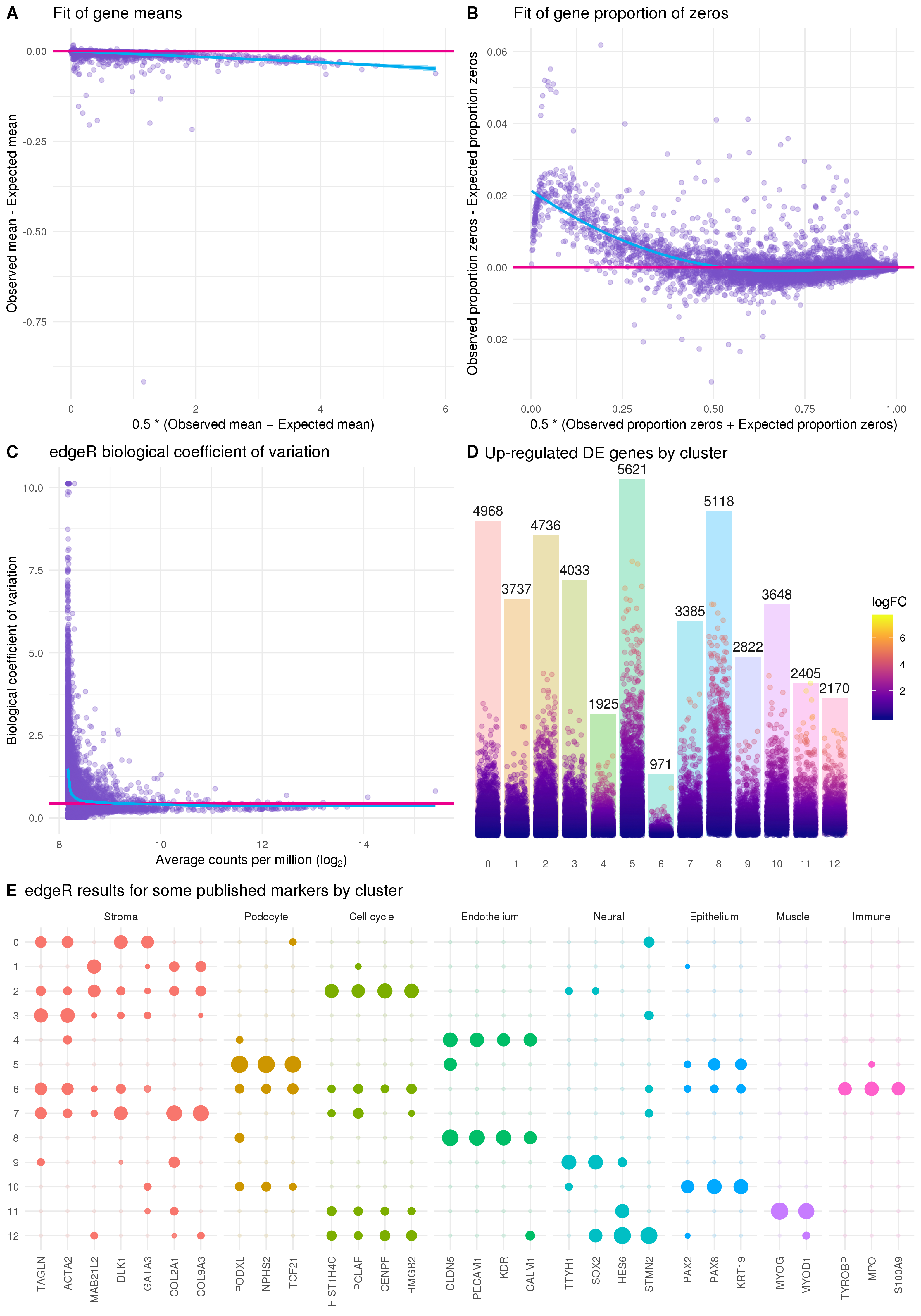 Results of edgeR differential expression analysis. (A) Scatter plot showing the edgeR fit of gene means. The x-axis shows the average of the observed gene mean and the expected gene mean from the edgeR fit and the y-axis shows the difference between the observed and expected means. The pink line lies at zero and the blue line is a LOESS fit. (B) Scatter plot showing the edgeR fit of gene proportion of zeros. Similar to (A) but showing the observed and expected proportion of zeros. (C) Plot of the biological coefficient as calculated by edgeR against the average log counts per million for each gene. (D) Bar chart of the number of significantly differentially expressed genes for each cluster with positive fold changes. Points show individual genes coloured by their log fold change. Position of each point on the y-axis also shows the log fold change but scaled to the height of each bar. (E) Differential expression results for some genes identified as important markers in the previously published analysis. Size of points indicates the positive log fold change and transparency indicates the negative false discovery rate.