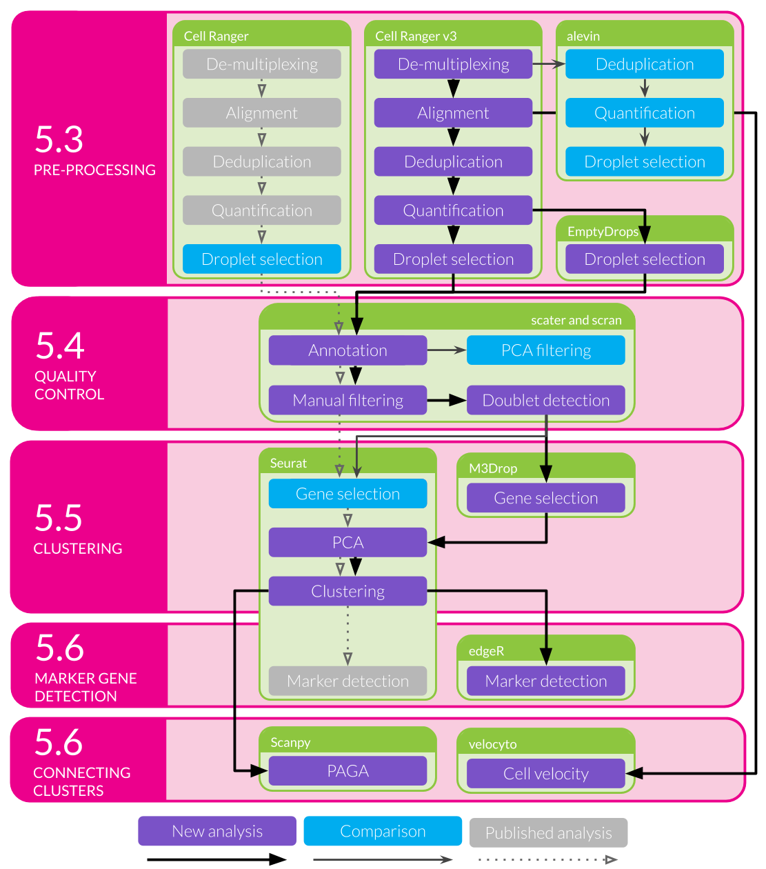 Outline of analysis of the kidney organoid dataset. Filled coloured boxes indicate stages of the analysis. Purple stages contribute to the final results shown here while blue stages were performed as a comparison. Grey stages were performed in the published analysis but are not shown here. The main analysis workflow is indicated with black arrows and comparison stages with pointed grey arrows. The published workflow is shown using smaller open grey arrows with dotted lines. Green shaded boxes show the software tools used and pink shaded boxes indicate the sections of this chapter that discuss the results of those stages.